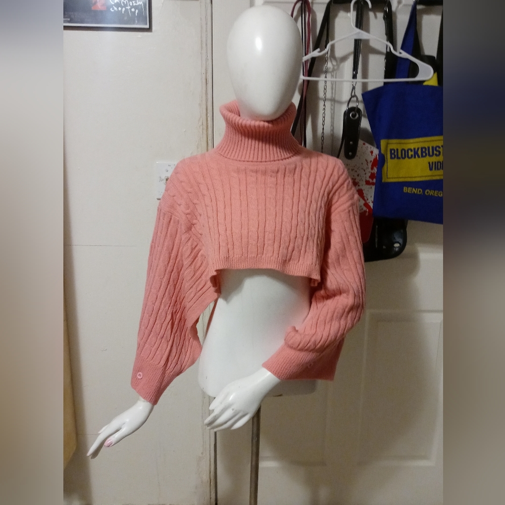 Turtle Neck Pink Crop Top Sweater Knit Long Sleeves Size S
